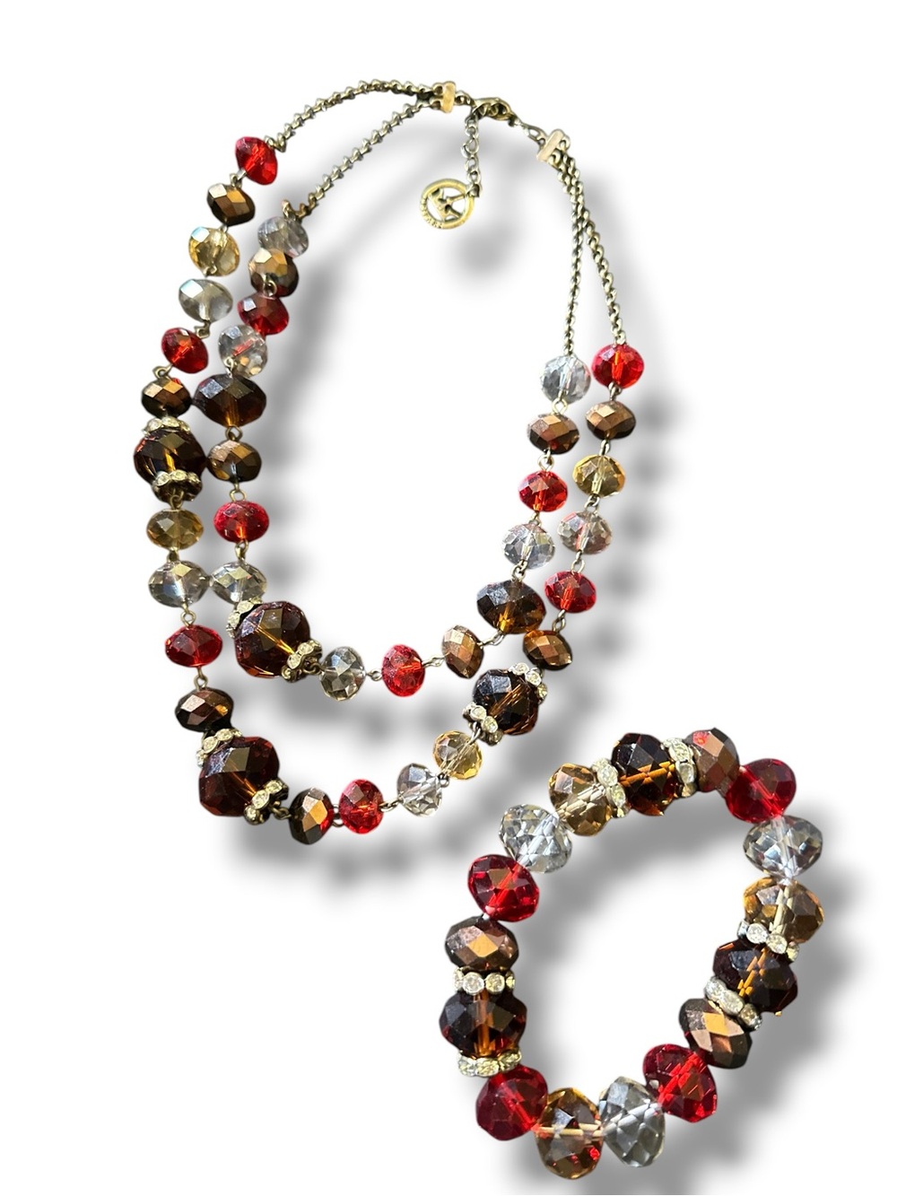 Crown Trifari Faceted Glass Bead Jewelry Set: Necklace & Bracelet Multi Autumn